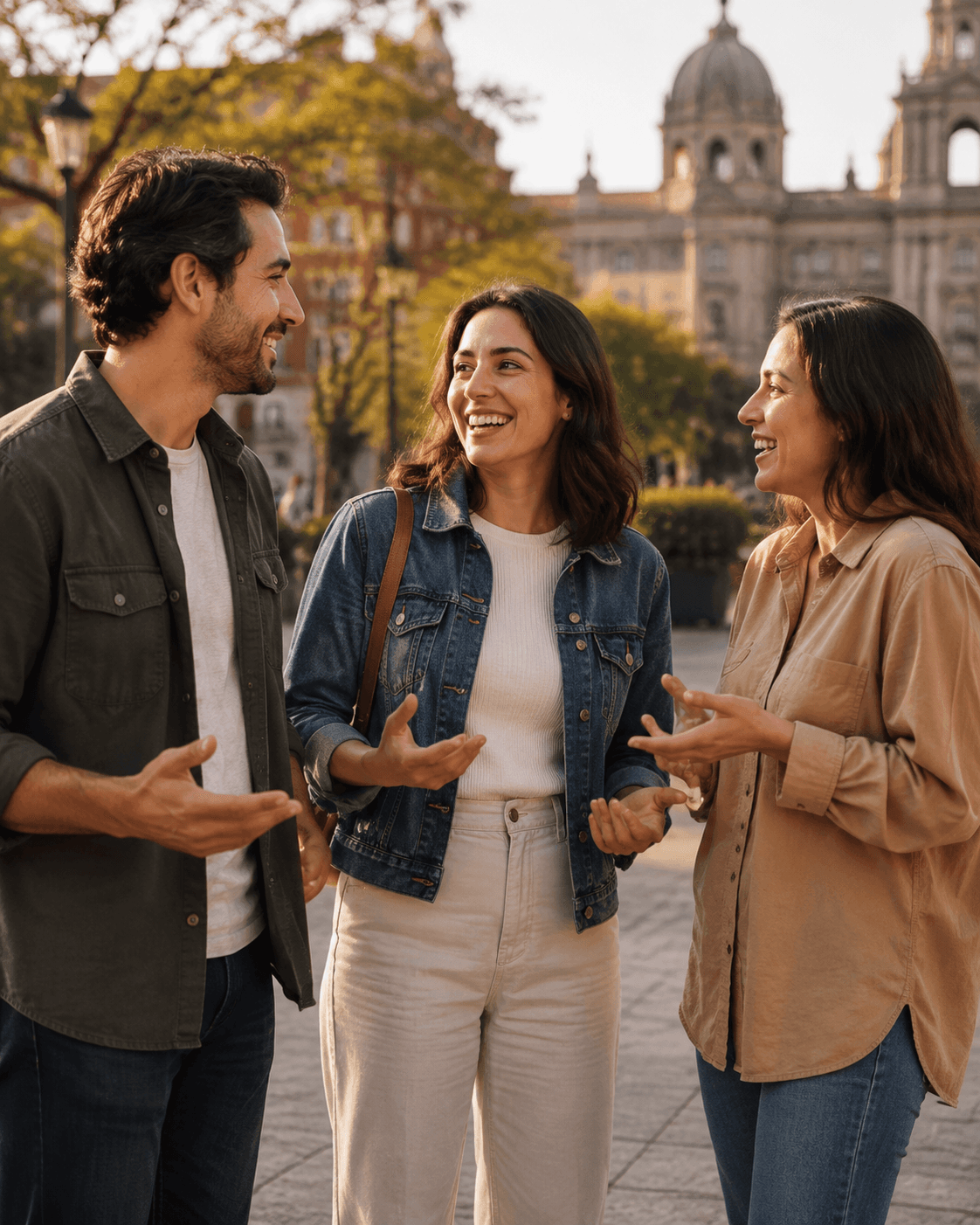 Tres personas conversan en una plaza urbana después de una actividad de la comunidad.