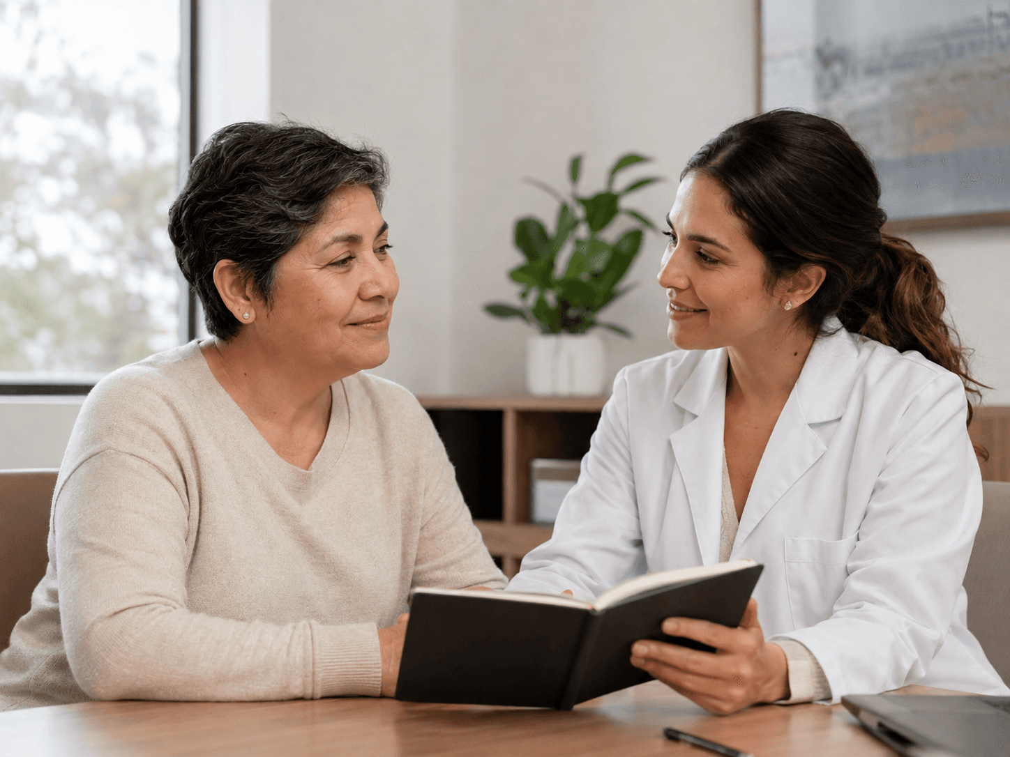 Una paciente conversa con su neuróloga mientras revisan juntas sus notas.