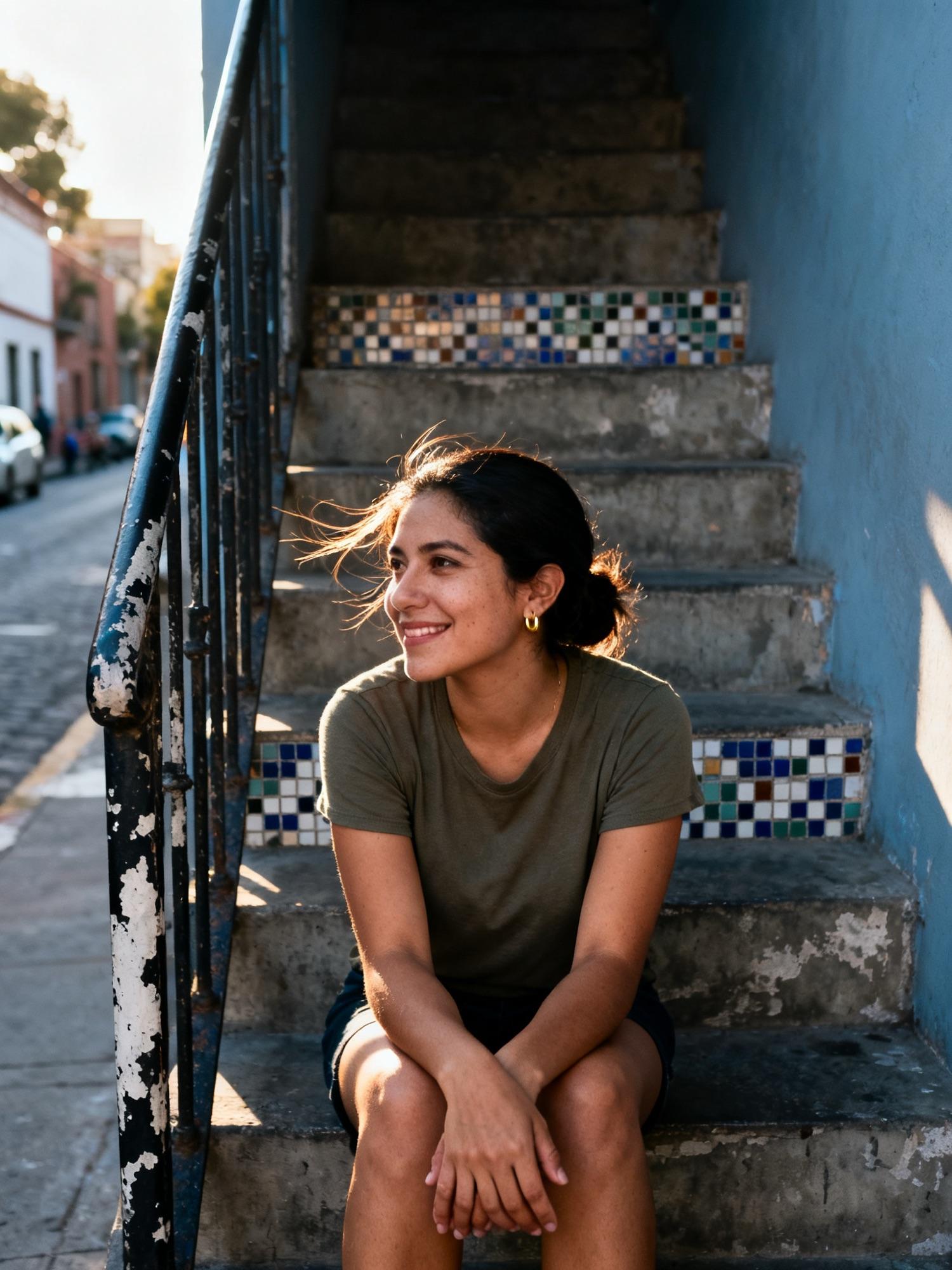 Fernanda sentada en la escalera de su edificio a media tarde.
