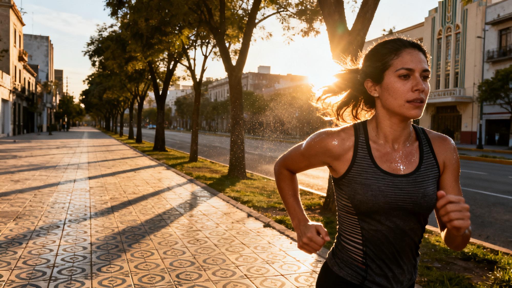 Una mujer corre al amanecer por una avenida vacía de la Ciudad de México.
