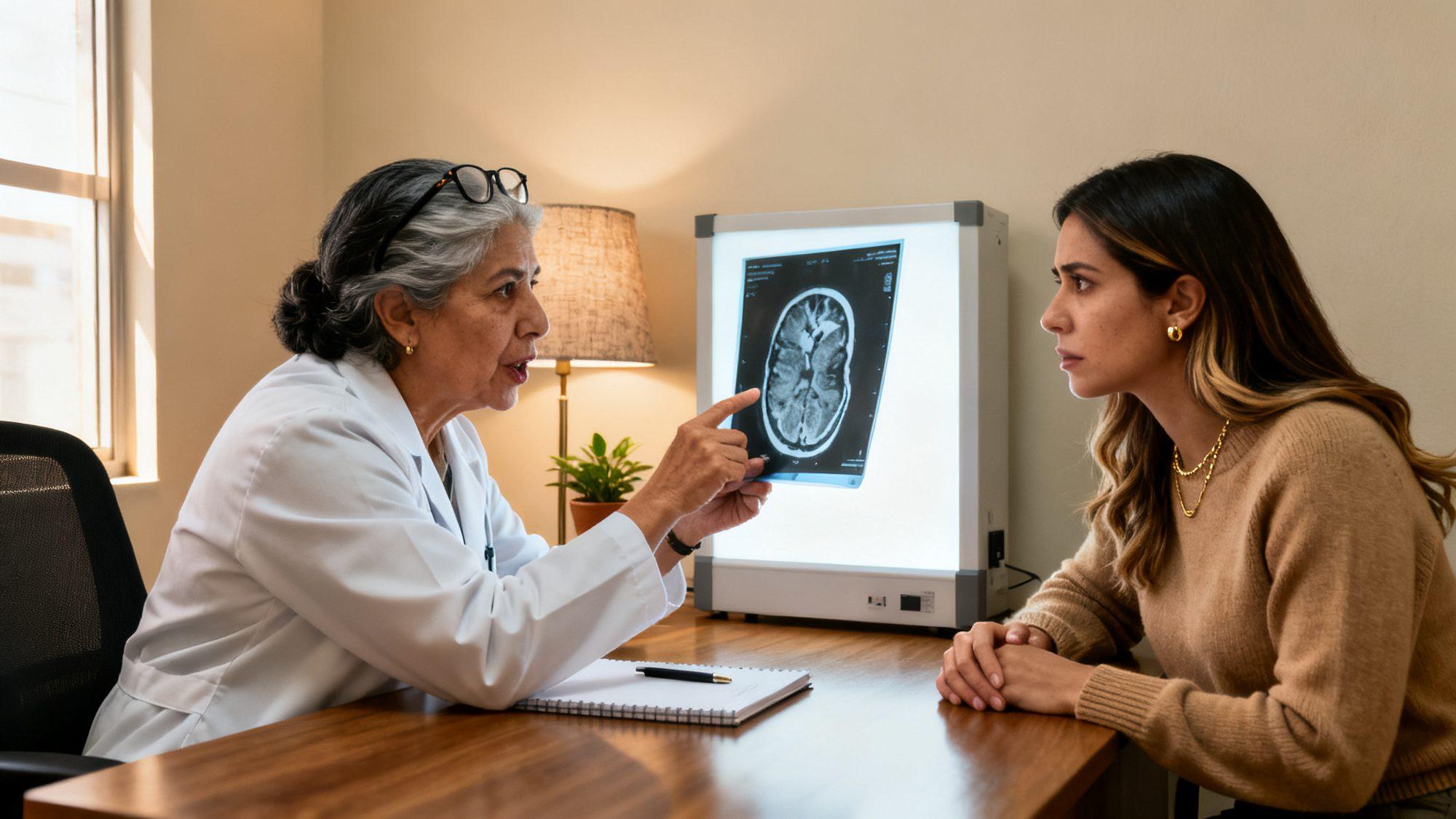 Una neuróloga y una paciente conversando frente a frente en un consultorio.