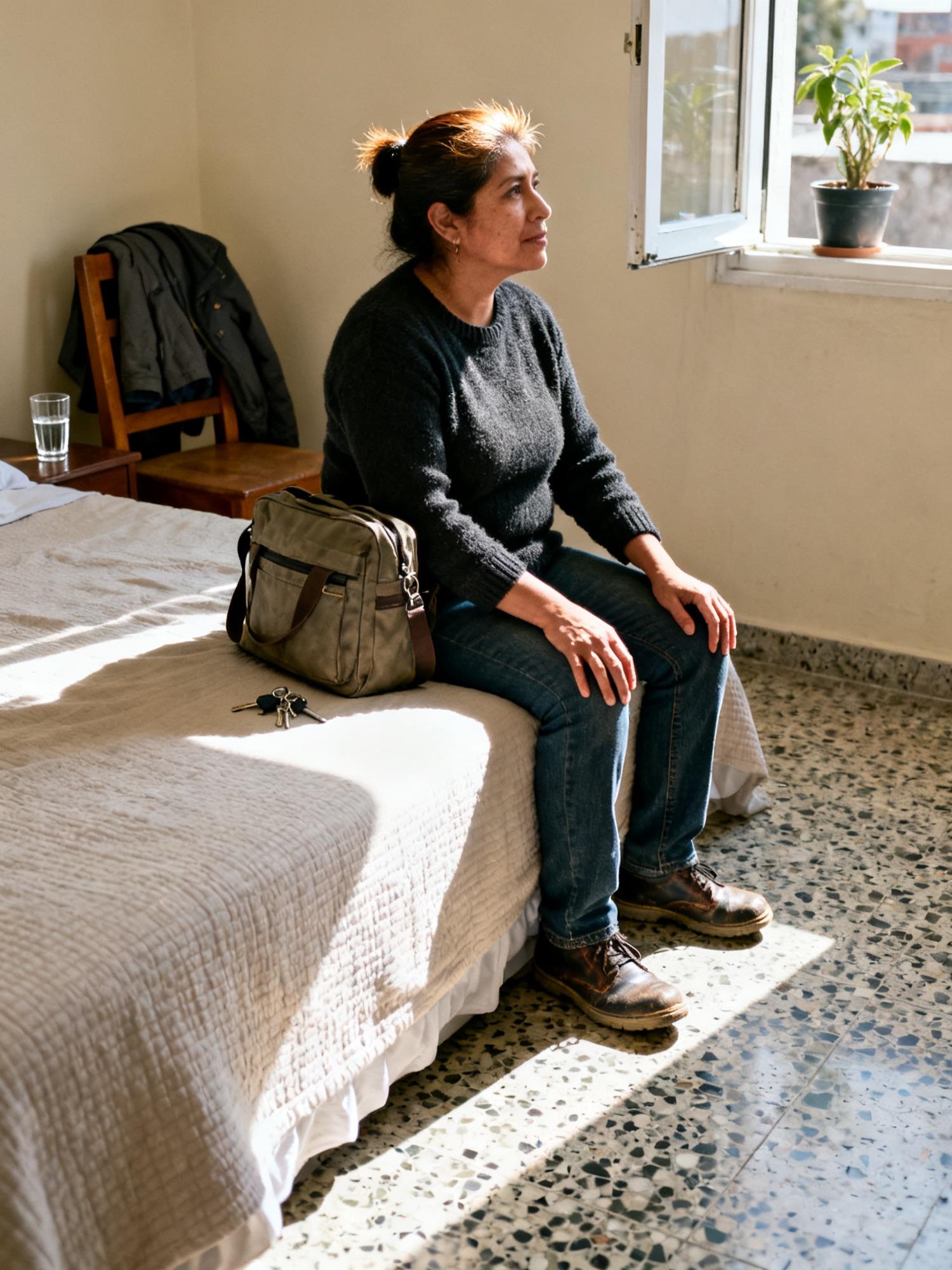 Una mujer joven sentada al borde de una cama, con la cabeza apoyada en la mano, en luz de tarde.