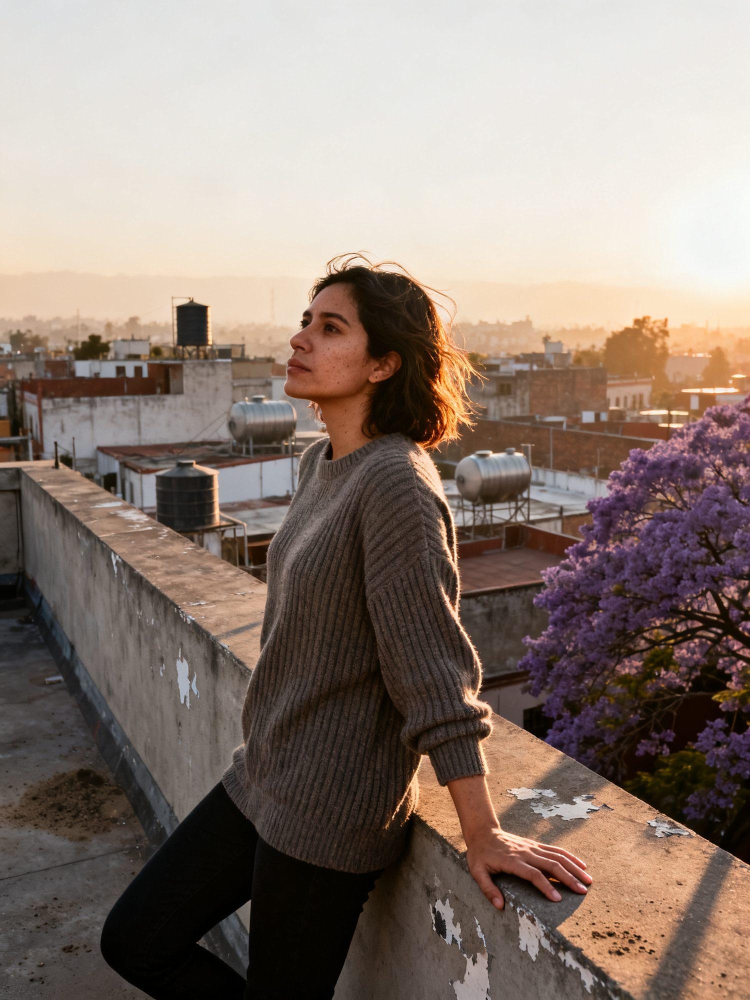 Una mujer de unos treinta años, recargada en el pretil de una azotea de la Ciudad de México al atardecer, mira hacia la calle con gesto sereno mientras el sol bajo le ilumina el perfil.