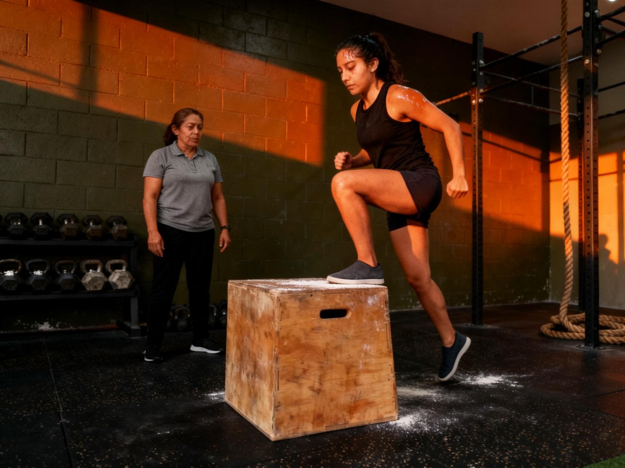 Una persona sosteniéndose de una barra durante un ejercicio de equilibrio en un gimnasio.
