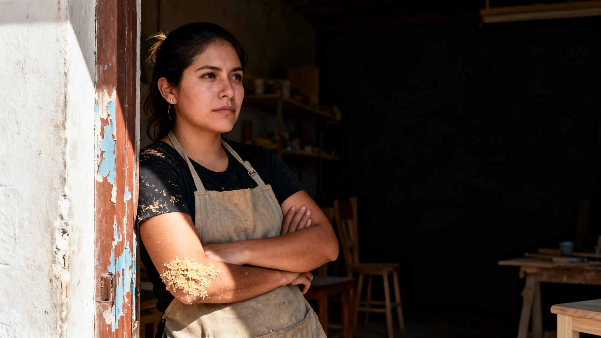 Una mujer de pie en la puerta de un taller en Guadalajara, con medio rostro en sombra.