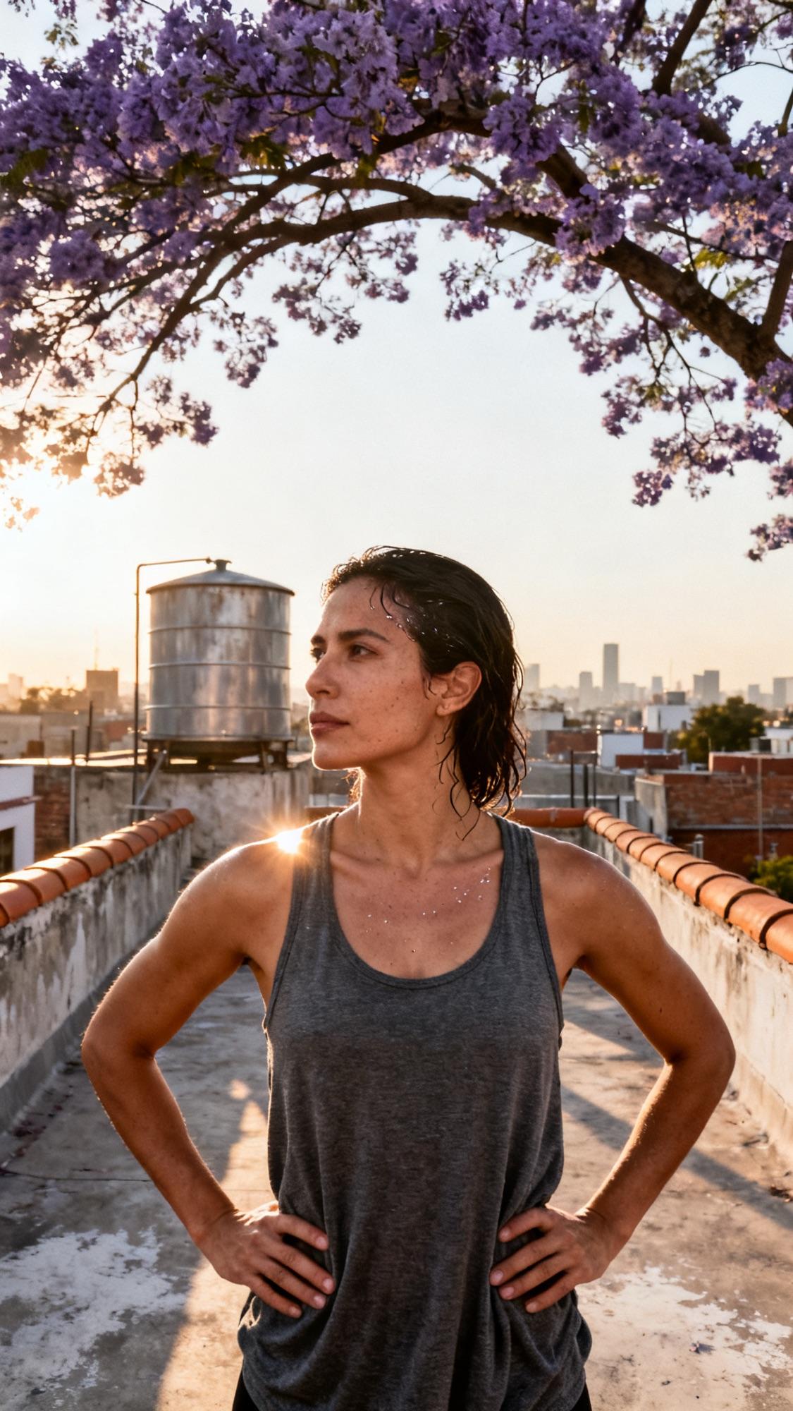 Ana Lucía recupera el aliento en una azotea de la colonia Roma después de correr.