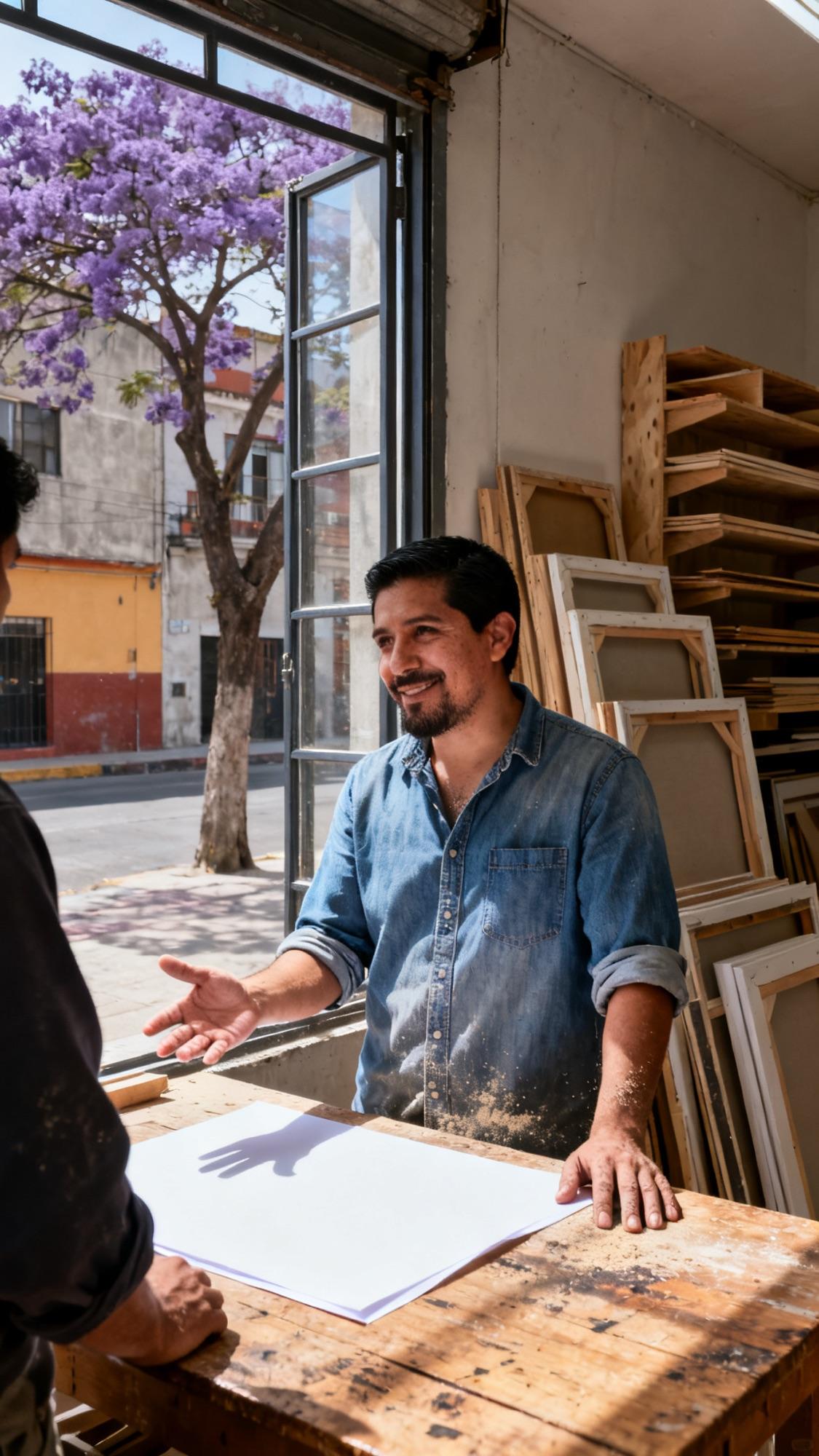 Rodrigo camina por el patio de un edificio de oficinas en Monterrey.