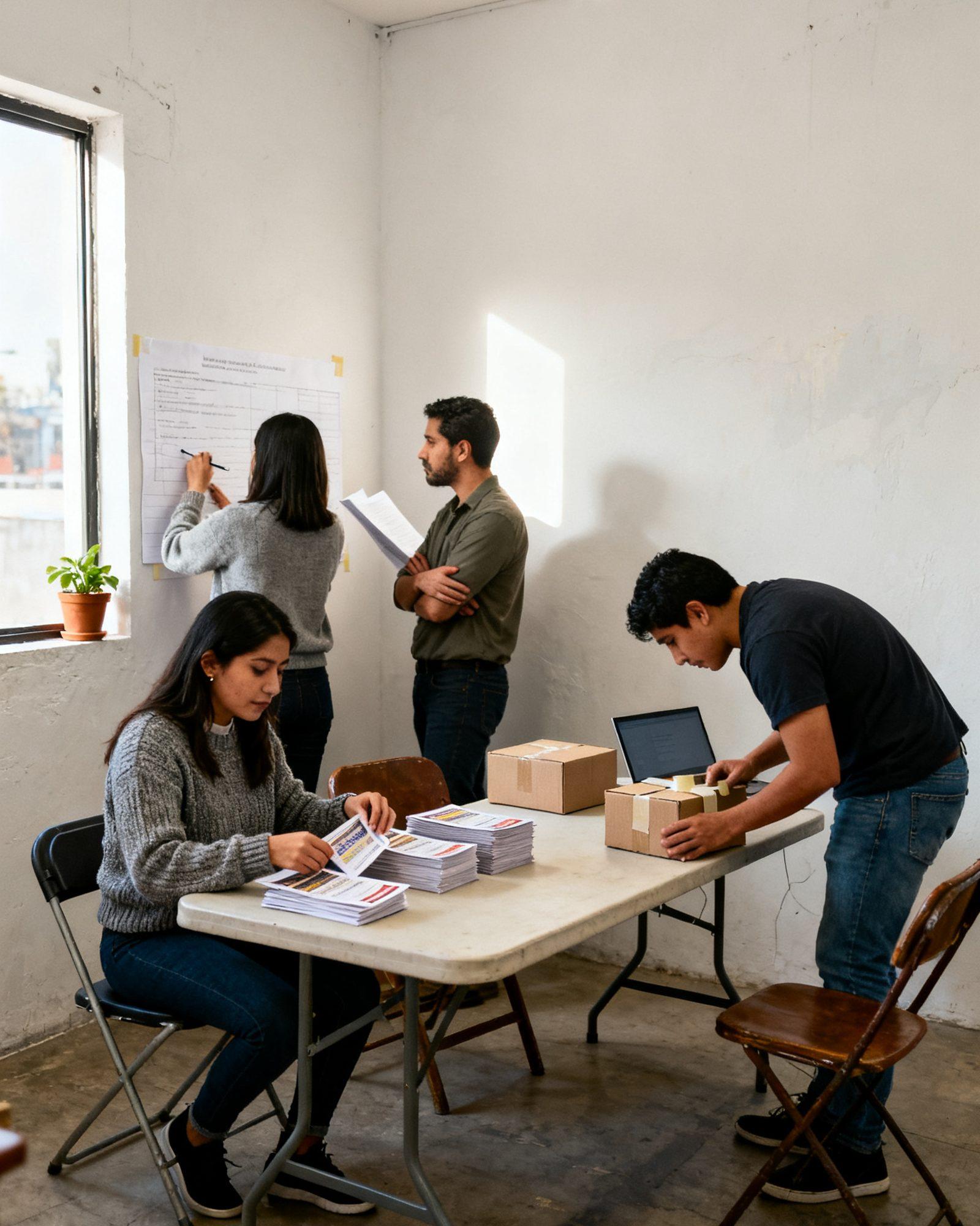Cinco integrantes del equipo trabajan alrededor de una mesa en una sala de la Ciudad de México.