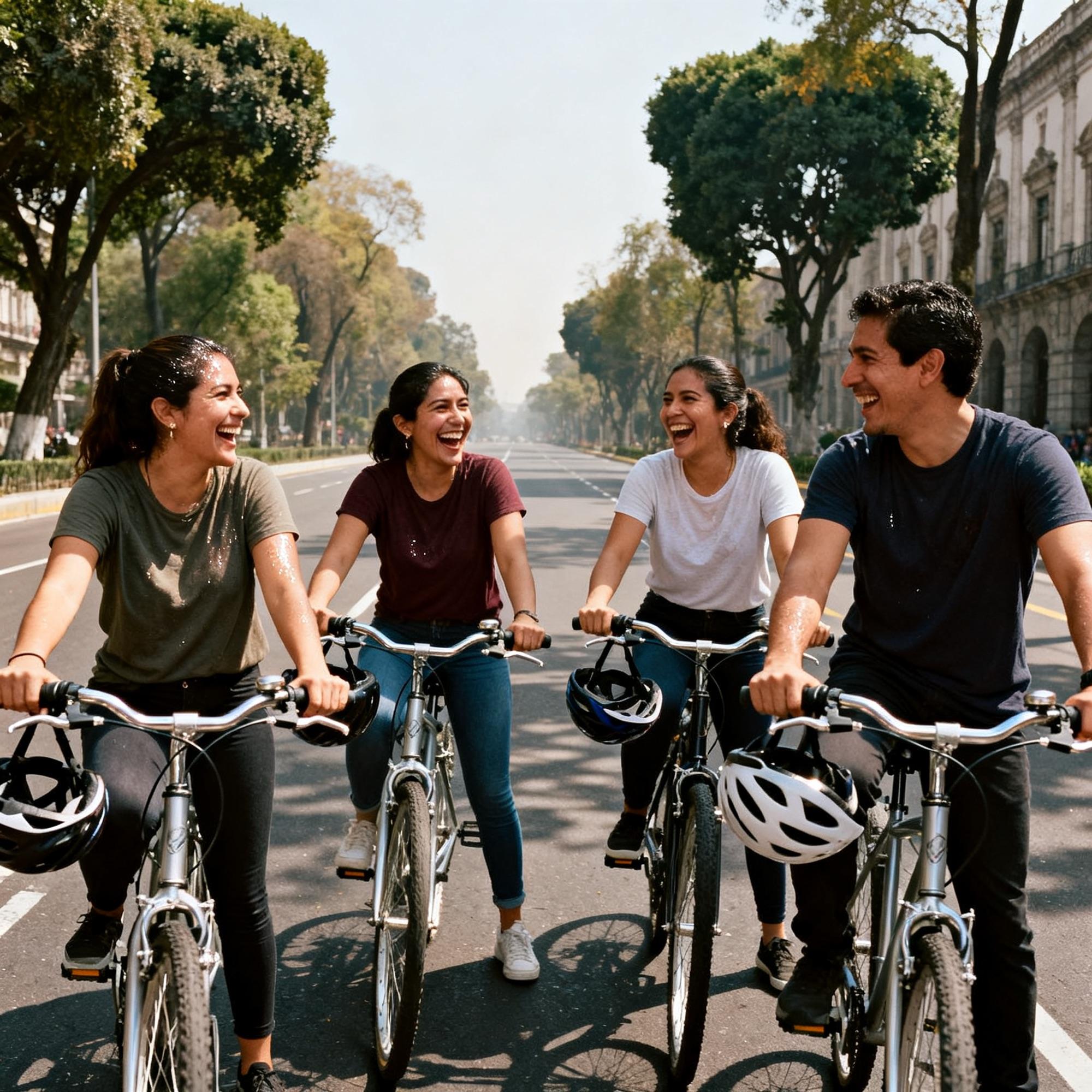 Tres mujeres y un hombre ríen sobre sus bicicletas en una avenida cerrada al tráfico.