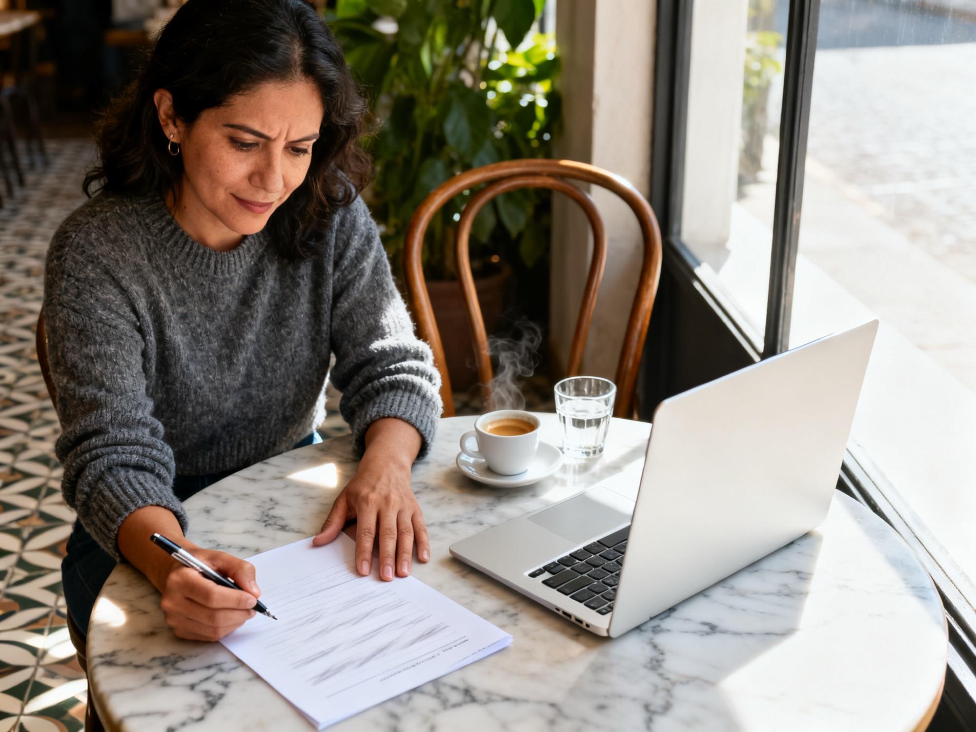 Una mujer toma notas junto a su laptop en la mesa de un café, con la luz de la mañana entrando por la ventana.
