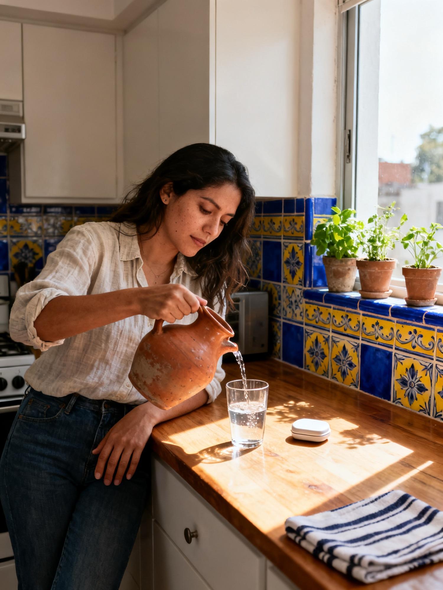Una mujer llena un vaso de agua en la barra de su cocina, junto a un pastillero cerrado.