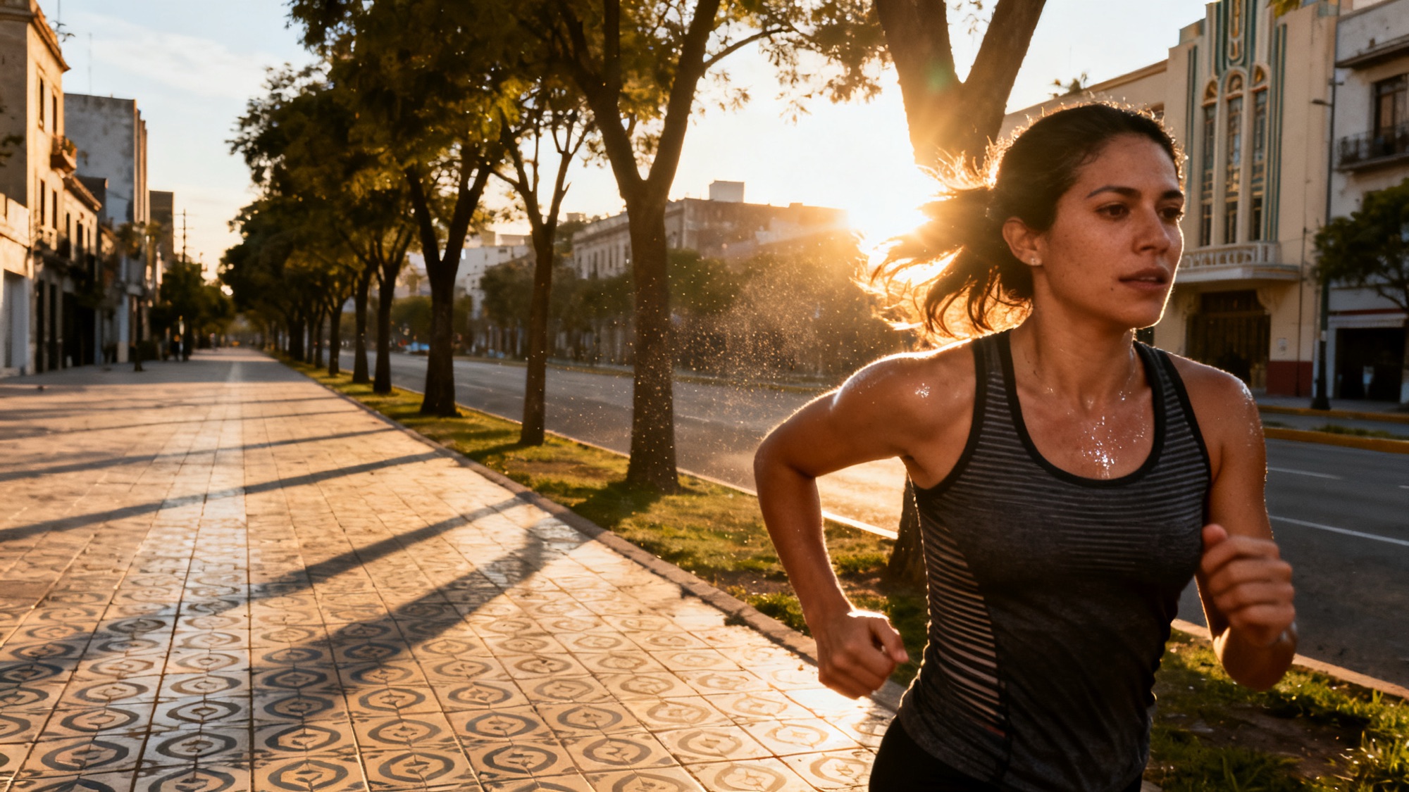 Una mujer corre al amanecer por una avenida vacía de la Ciudad de México.